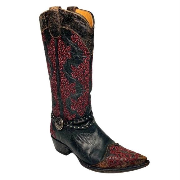 Old Gringo L1000 Inese Black Leather Distressed Studded Embroidered Boot 7 - Picture 1 of 10